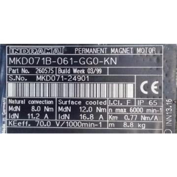 REXROTH INDRAMAT MOTOR, MKD071B-061-GG0-KN, 1 YEAR WARRANTY