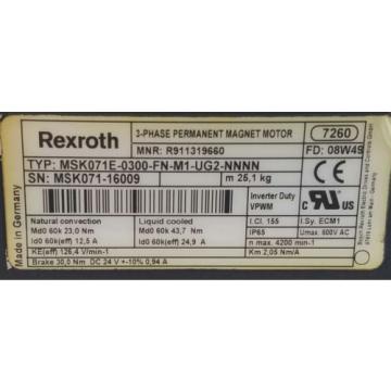 REXROTH SERVO MOTOR, MODEL MSK071E-0300-FN-M1-UG2-NNNN, 1 YEAR WARRANTY