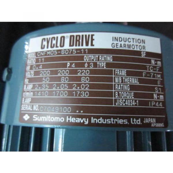 SUMITOMO CNFM05-6075-11 CYCLO DRIVE INDUCTION GEARMOTOR; MOTOR, W/REDUCER GEAR #5 image